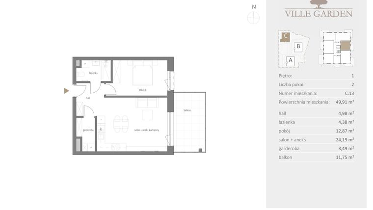 Rzut - Mieszkanie na sprzedaż 2 pokoje o powierzchni 49,91 m² - numer C.13 w Ville Garden