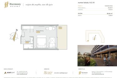 Rzut - Mieszkanie na sprzedaż 1 pokój o powierzchni 28,06 m² - numer H.3.14 w Harmony Resort