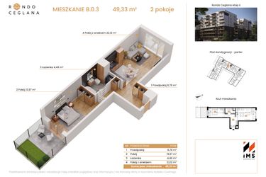 Rzut - Mieszkanie na sprzedaż 2 pokoje o powierzchni 48,55 m² - numer B.0.3 w Rondo Ceglana etap II