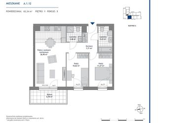 Rzut - Mieszkanie na sprzedaż 3 pokoje o powierzchni 65,34 m² - numer A.1.12 w Linea bud. A