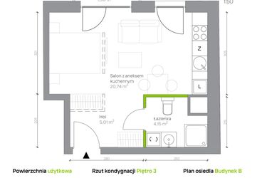 Rzut - Mieszkanie na sprzedaż 1 pokój o powierzchni 29,9 m² - numer B.3.4 w Jesionowa Vita