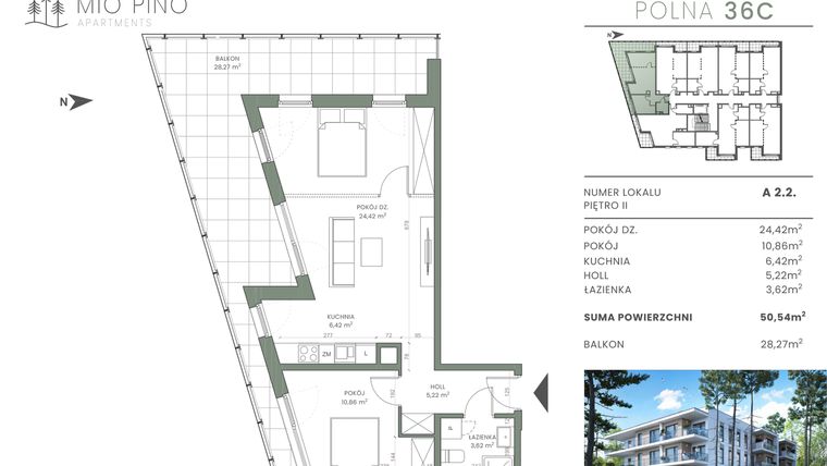 Rzut - Mieszkanie na sprzedaż 3 pokoje o powierzchni 50,54 m² - numer 2.2 w Mio Pino