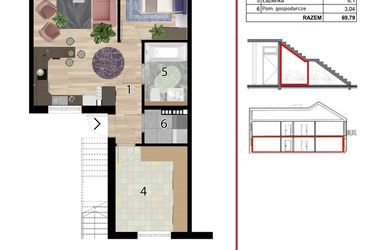 Rzut - Mieszkanie na sprzedaż 3 pokoje o powierzchni 69,79 m² - numer D1E-IV w Osiedle Przyjazne Quart - etap IV