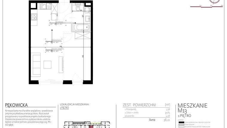 Rzut - Mieszkanie na sprzedaż 2 pokoje o powierzchni 38,21 m² - numer 13 w Pękowicka 96