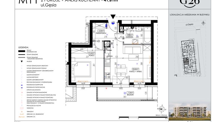 Rzut - Mieszkanie na sprzedaż 2 pokoje o powierzchni 41,61 m² - numer 11 w Gęsia 26