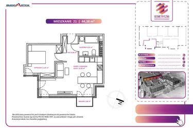 Rzut - Mieszkanie na sprzedaż 2 pokoje o powierzchni 44,38 m² - numer 21B w Geometryczna 5 - etap 3