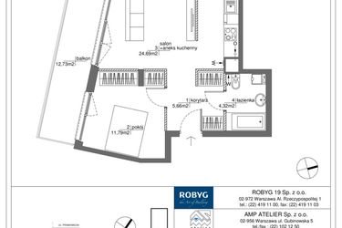 Rzut - Mieszkanie na sprzedaż 2 pokoje o powierzchni 46,12 m² - numer RM/1A/A/1/8 w Rytm Mokotowa - etap 1A