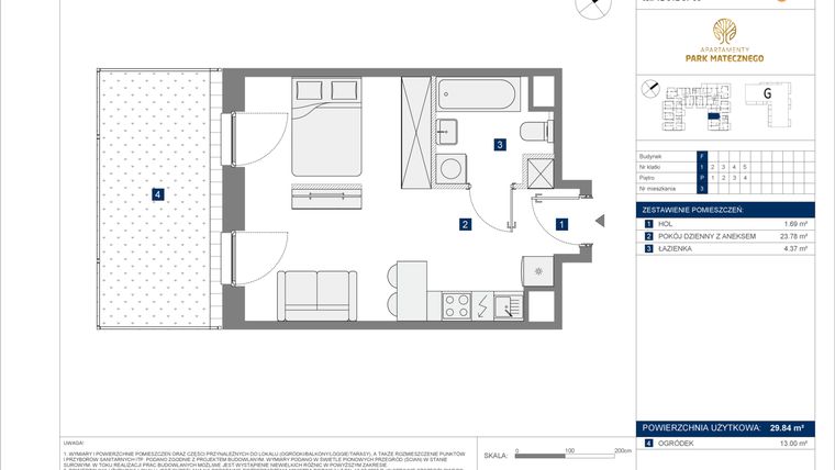 Rzut - Mieszkanie na sprzedaż 1 pokój o powierzchni 29,84 m² - numer F-3 w Apartamenty Park Matecznego Etap 2