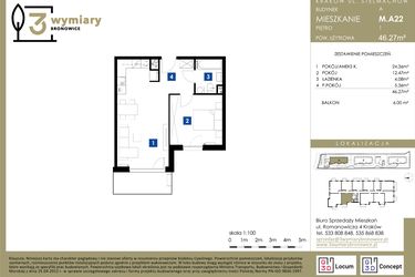 Rzut - Mieszkanie na sprzedaż 2 pokoje o powierzchni 46,27 m² - numer M.A22 w 3 Wymiary Bronowice