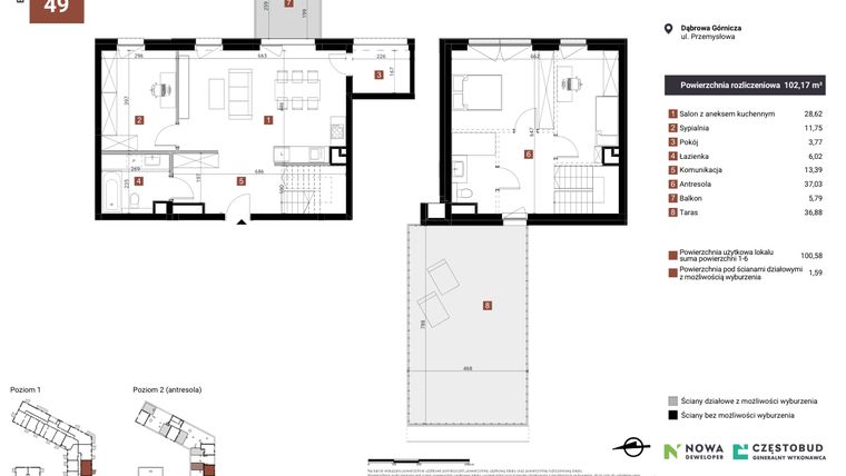 Rzut - Mieszkanie na sprzedaż 3 pokoje o powierzchni 102,17 m² - numer A49 w Nowy Reden