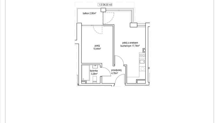 Rzut - Mieszkanie na sprzedaż 2 pokoje o powierzchni 36,22 m² - numer 4/4. w Apartamenty Nowy Targ