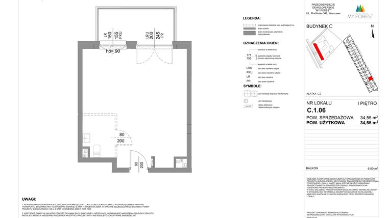 Rzut - Mieszkanie na sprzedaż 1 pokój o powierzchni 34,55 m² - numer C.1.06 w My Forest - Apartamenty inwestycyjne