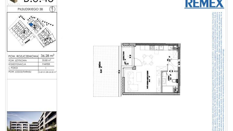 Rzut - Mieszkanie na sprzedaż 1 pokój o powierzchni 36,28 m² - numer B.0.45 w Osiedle BALTICA
