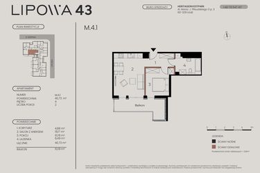 Rzut - Mieszkanie na sprzedaż 2 pokoje o powierzchni 40,73 m² - numer M.4.1 w Lipowa 43
