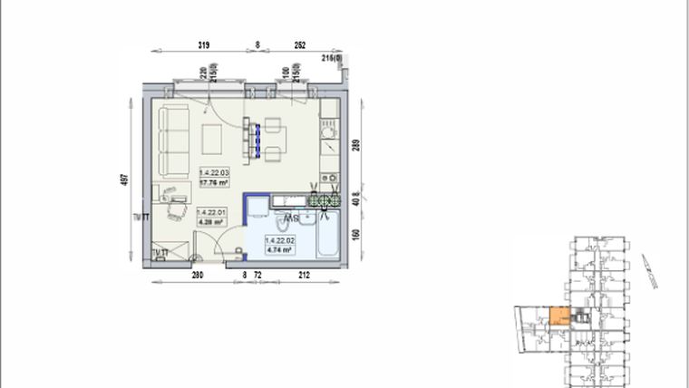 Rzut - Mieszkanie na sprzedaż 1 pokój o powierzchni 26,78 m² - numer 1/4/22/1a w Gwarna