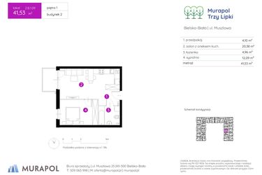 Rzut - Mieszkanie na sprzedaż 2 pokoje o powierzchni 41,53 m² - numer 2.B.1.09 w Murapol Trzy Lipki etap II