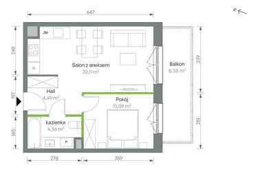 Rzut - Mieszkanie na sprzedaż 2 pokoje o powierzchni 39,05 m² - numer 2/B/1/06 w Oliwska Vita