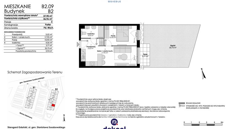 Rzut - Mieszkanie na sprzedaż 2 pokoje o powierzchni 36,96 m² - numer B2.09 w Osiedle Chabrowe