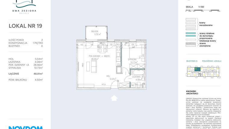 Rzut - Mieszkanie na sprzedaż 2 pokoje o powierzchni 48,81 m² - numer A.19 w Dwa Jeziora AB