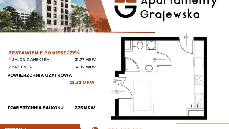 Rzut - Mieszkanie na sprzedaż 1 pokój o powierzchni 25,82 m² - numer M-36 w Apartamenty Grajewska