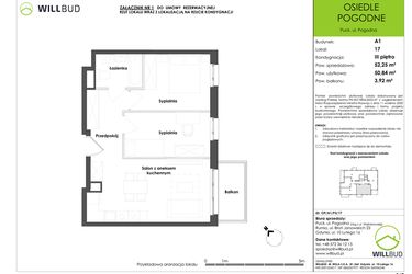 Rzut - Mieszkanie na sprzedaż 3 pokoje o powierzchni 50,84 m² - numer OP/A1/P3/17 w Osiedle Pogodne etap I