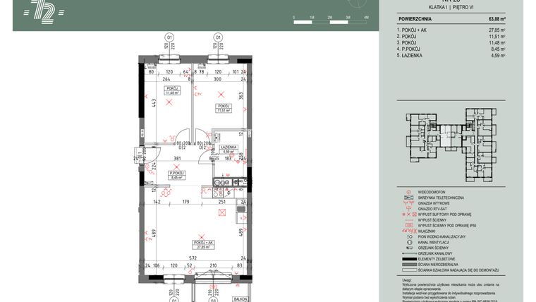 Rzut - Mieszkanie na sprzedaż 3 pokoje o powierzchni 63,78 m² - numer 28 w Wspólnota Mieszkaniowa Gajowa 72