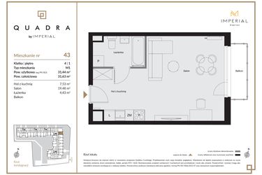 Rzut - Mieszkanie na sprzedaż 1 pokój o powierzchni 31,44 m² - numer 43 w QUADRA