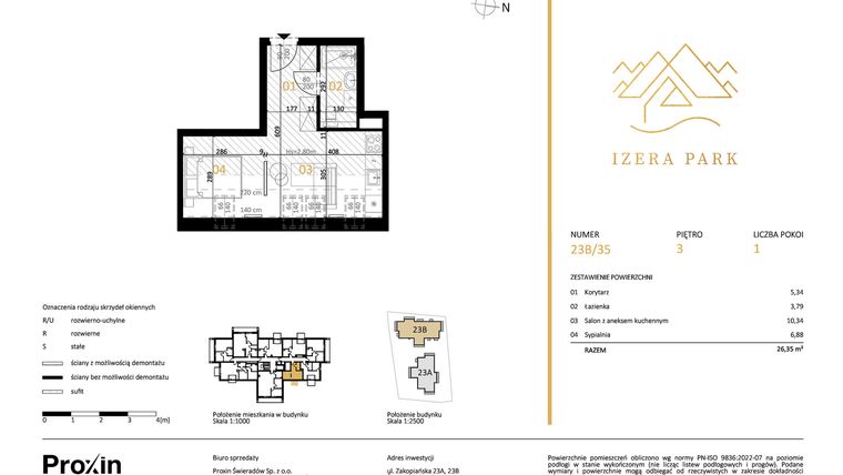Rzut - Mieszkanie na sprzedaż 1 pokój o powierzchni 26,35 m² - numer 23B/35 w Izera Park