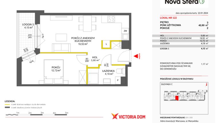 Rzut - Mieszkanie na sprzedaż 2 pokoje o powierzchni 42,6 m² - numer 122 w Miasteczko Nova Sfera 3
