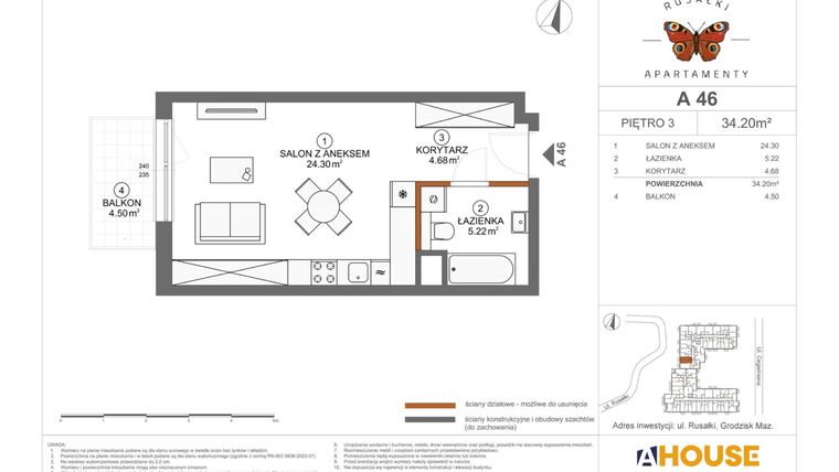Rzut - Mieszkanie na sprzedaż 1 pokój o powierzchni 34,2 m² - numer A46 w Apartamenty Rusałki