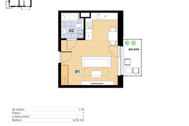Rzut - Mieszkanie na sprzedaż 1 pokój o powierzchni 27,5 m² - numer L-16 w Mickiewicza 21 Residence