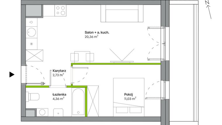 Rzut - Mieszkanie na sprzedaż 2 pokoje o powierzchni 38,48 m² - numer B.04.01.08 w WUWA Vita