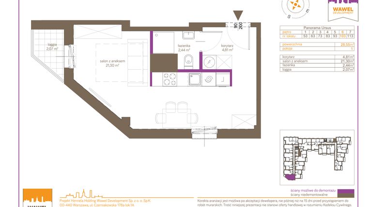 Rzut - Mieszkanie na sprzedaż 1 pokój o powierzchni 28,55 m² - numer 103 w Panorama Ursus