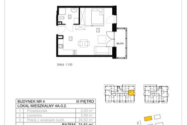 Rzut - Mieszkanie na sprzedaż 1 pokój o powierzchni 31,59 m² - numer 4A-3.2 w Gardenia Pogodno