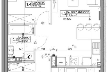 Rzut - Mieszkanie na sprzedaż 3 pokoje o powierzchni 56,89 m² - numer 94B w Osiedle Młodych etap VI