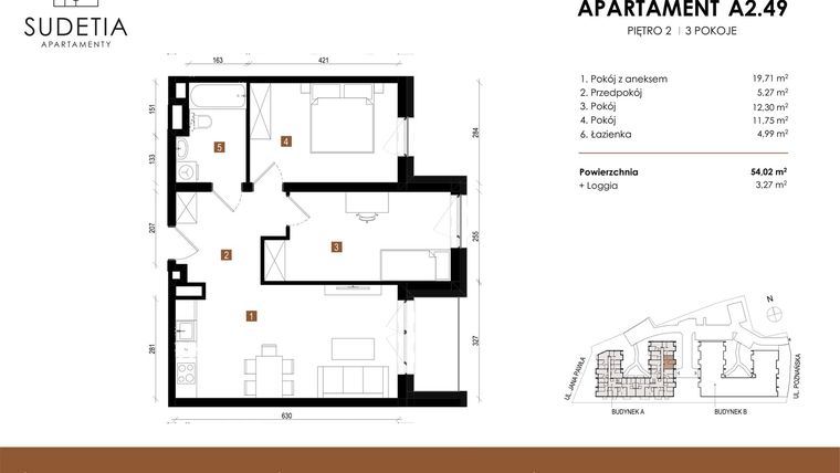 Rzut - Mieszkanie na sprzedaż 3 pokoje o powierzchni 54,02 m² - numer A 2.49 w Apartamenty Sudetia