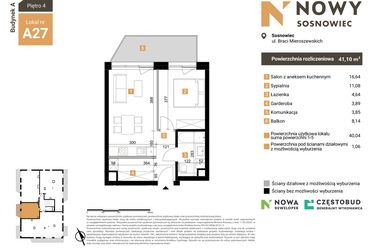 Rzut - Mieszkanie na sprzedaż 2 pokoje o powierzchni 41,1 m² - numer A27 w Nowy Sosnowiec