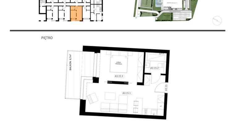Rzut - Mieszkanie na sprzedaż 2 pokoje o powierzchni 39,4 m² - numer A3.15 w Apartamenty Dźwirzyno