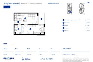 Rzut - Mieszkanie na sprzedaż 2 pokoje o powierzchni 45,86 m² - numer 37B w Przy Bursztynowej