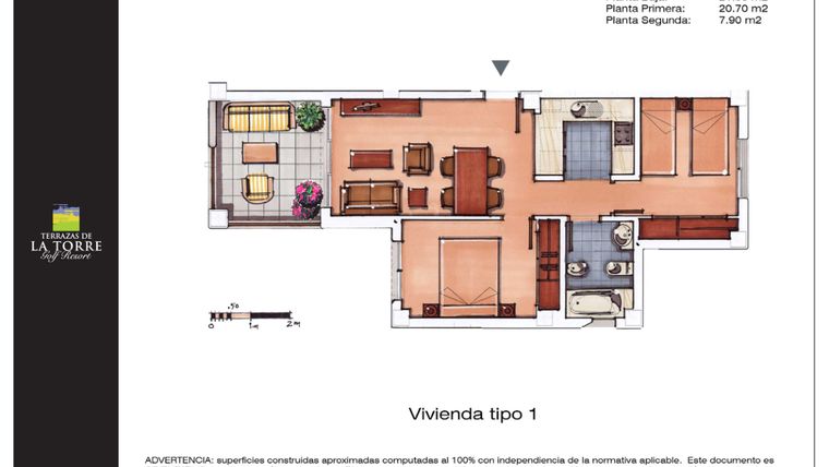 Rzut - Mieszkanie na sprzedaż 2 pokoje o powierzchni 55 m² - numer 1 w Las Terrazas de la Torre
