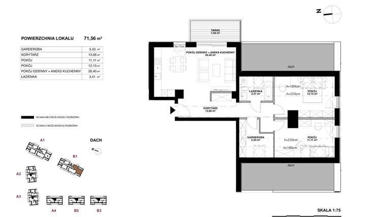 Rzut - Mieszkanie na sprzedaż 3 pokoje o powierzchni 71,56 m² - numer B1.19 w Oliwski Park