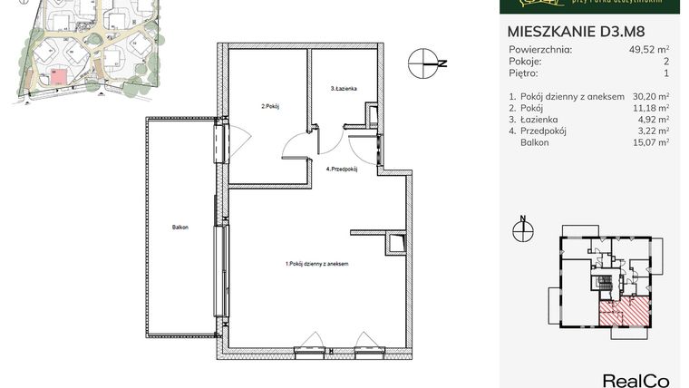 Rzut - Mieszkanie na sprzedaż 2 pokoje o powierzchni 49,52 m² - numer D3.M8 w Apartamenty przy Parku Szczytnickim