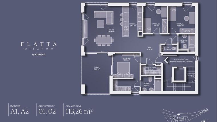 Rzut - Mieszkanie na sprzedaż 4 pokoje o powierzchni 113,26 m² - numer A1.01 w Flatta Wilanów