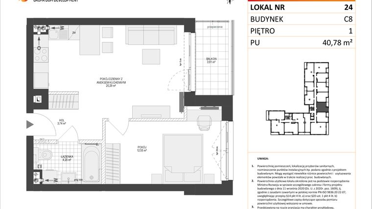 Rzut - Mieszkanie na sprzedaż 2 pokoje o powierzchni 40,78 m² - numer C8.24 w Konstelacja etap IV