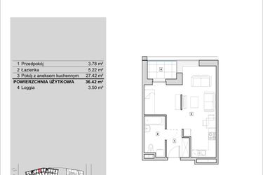 Rzut - Mieszkanie na sprzedaż 1 pokój o powierzchni 36,42 m² - numer H1-A-3-3 w Heyki City