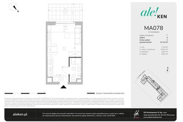 Rzut - Mieszkanie na sprzedaż 1 pokój o powierzchni 27,12 m² - numer MA078 w Ale!Ken