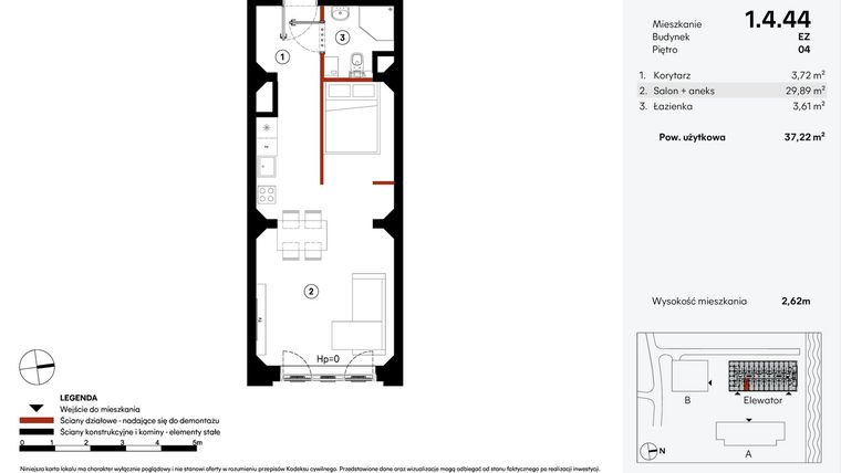 Rzut - Mieszkanie na sprzedaż 1 pokój o powierzchni 37,22 m² - numer EZ.1.4.44 w Elewator - Mieszkania i Lofty