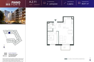 Rzut - Mieszkanie na sprzedaż 1 pokój o powierzchni 60,91 m² - numer A.2.11 w Piano