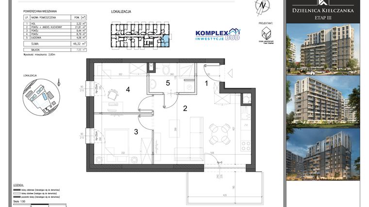Rzut - Mieszkanie na sprzedaż 1 pokój o powierzchni 46,32 m² - numer M72 w Dzielnica Kielczanka etap III