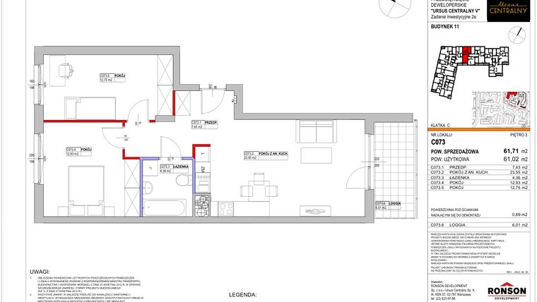 Rzut - Mieszkanie na sprzedaż 3 pokoje o powierzchni 61,63 m² - numer 11.C073 w Ursus Centralny etap V
